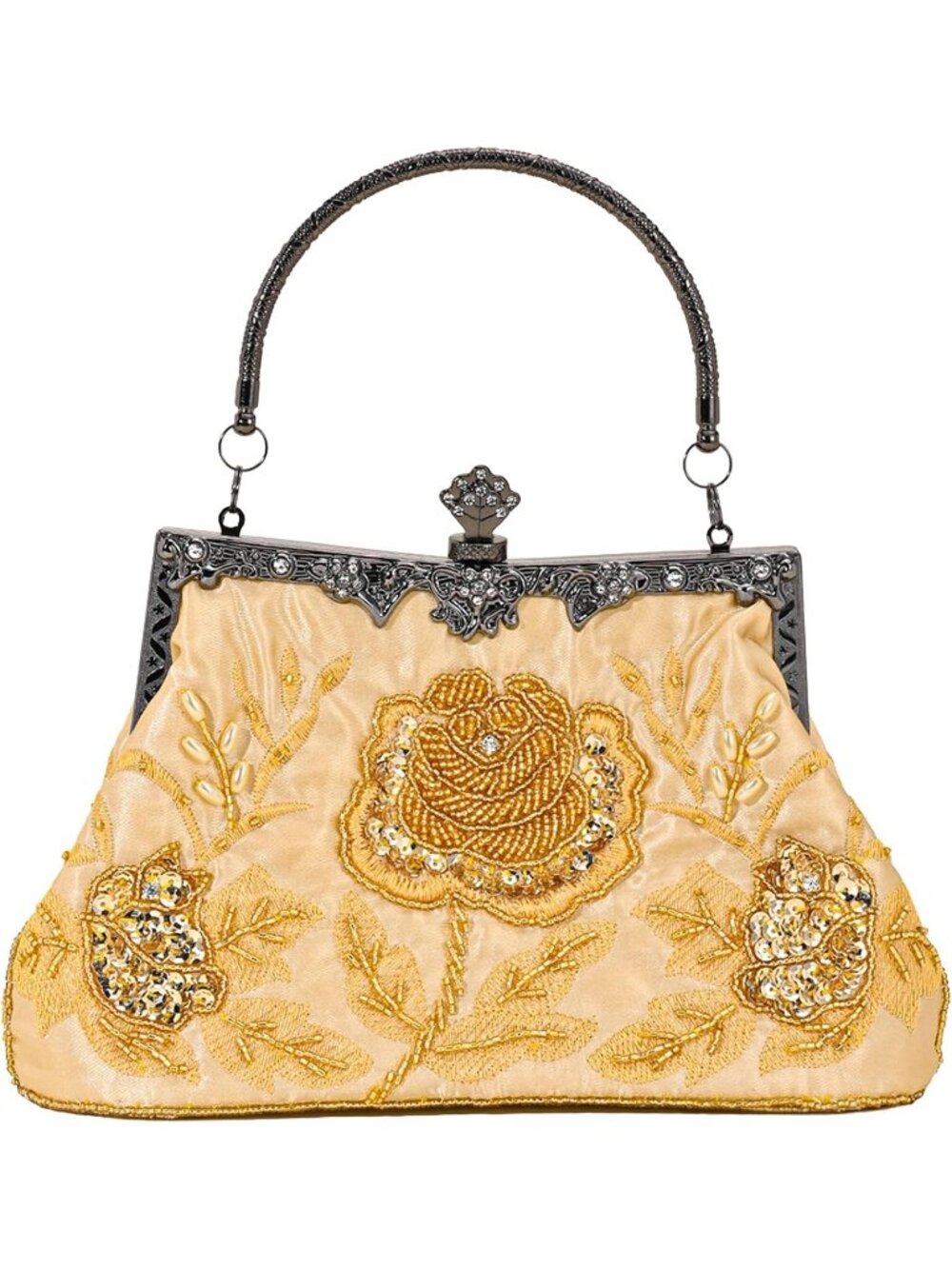 Womens Gold Beaded Rose Sequin Kiss Lock Frame Top Handle Evening Bag Clutch